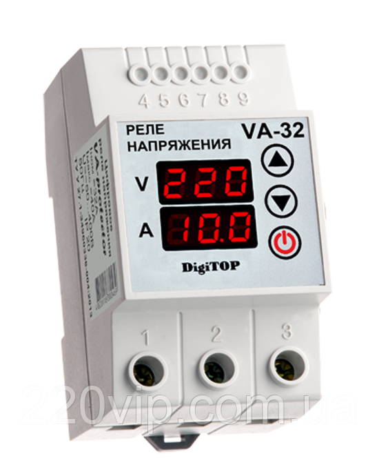 Реле напруги DigiTOP VA-32A з контролем струму, реле контролю та захисту від перенапруги Диджитоп, відсікач