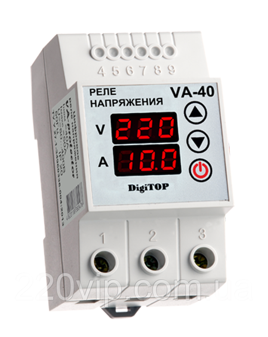 Реле напруги DigiTOP VA-40A з контролем струму, реле контролю та захисту від перенапруги Диджитоп, відсікач, фото 1
