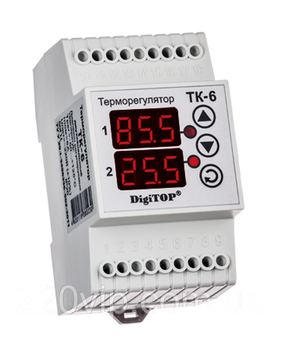 Терморегулятор DigiTOP ТК-6 (двохканальний, датчик DS18B20) DIN, –55 °C...+125 °C, крок: 0,1 °C, термостат, датчик