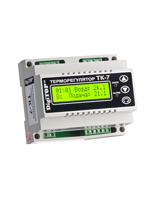 Терморегулятор DigiTOP ТК-7 (трисканал. з тижневим програматором, датчик DS18B20) DIN, 0 °C...+90 °C, крок 0,1 °C