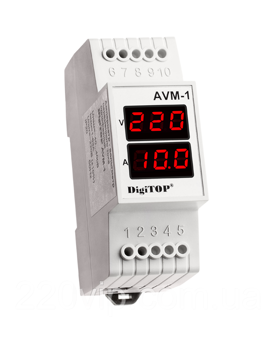 Амперметр-вольтметр DigiTOP AVM-1 (зовнішній ТТ/одинфазний) DIN, ~100 B... ~400 B / 1А … 63 А, диджітоп