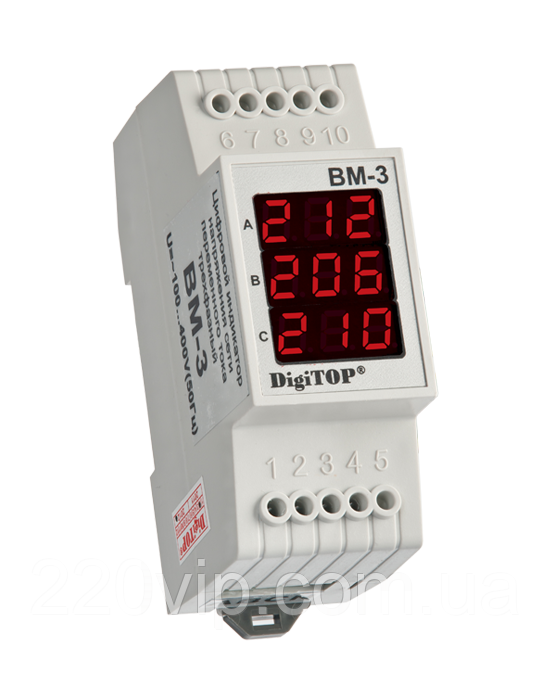 Вольтметр DigiTOP ВМ-3, трифазний DIN, фазне ~100 B... ~400 B, диджітоп