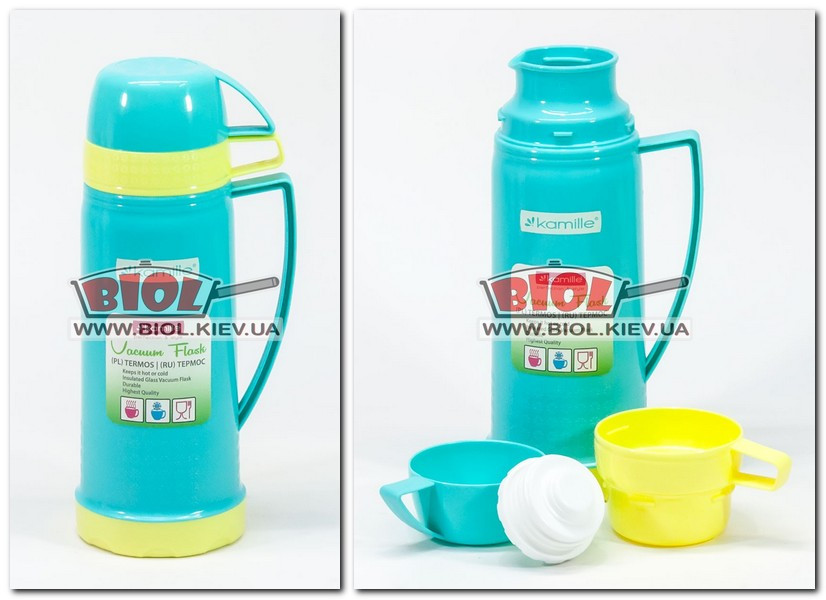 Термос 450мл пластиковий зі скляною колбою і двома чашками (колір - бірюзовий) Kamille KM-2078-3