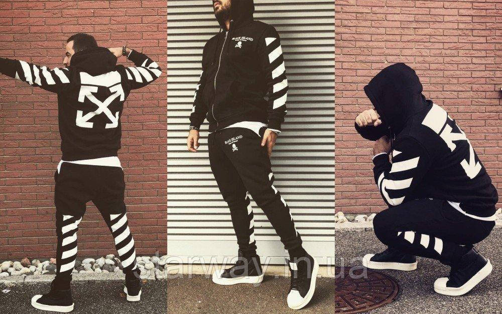Спортивний чорний костюм на блискавці принт Off White Black Island з капюшоном | топ