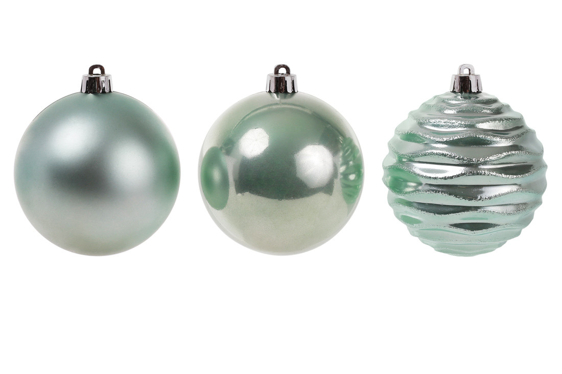 Набір ялинкових шарів 8см, колір - евкаліпт: матовий, перли, перламутр з рельєфом