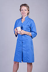 Медичний жіночий халат синього кольору з коміром стійка (з 44 по 66 р)