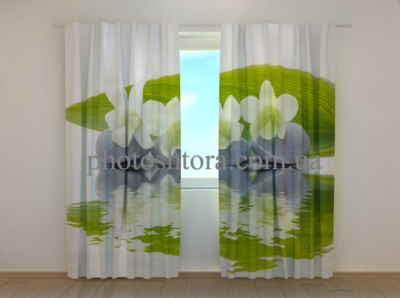 Фотоштори "Білі орхідеї та каміння" 250 х 260 см квіти штори з малюнком VE