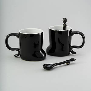 Набір чашок із ложкою 2 од, 300 мл чорні керамічні чашки комплект чашка чорна оригінальна