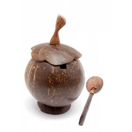 Чашка з ложкою і кришкою з кокоса (15,5х9х9 см) ( 29619), фото 2