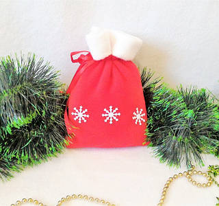 Мешок новогодний для подарков конфет красный Снежинки 21*15 см мішок новорічний для подарунків