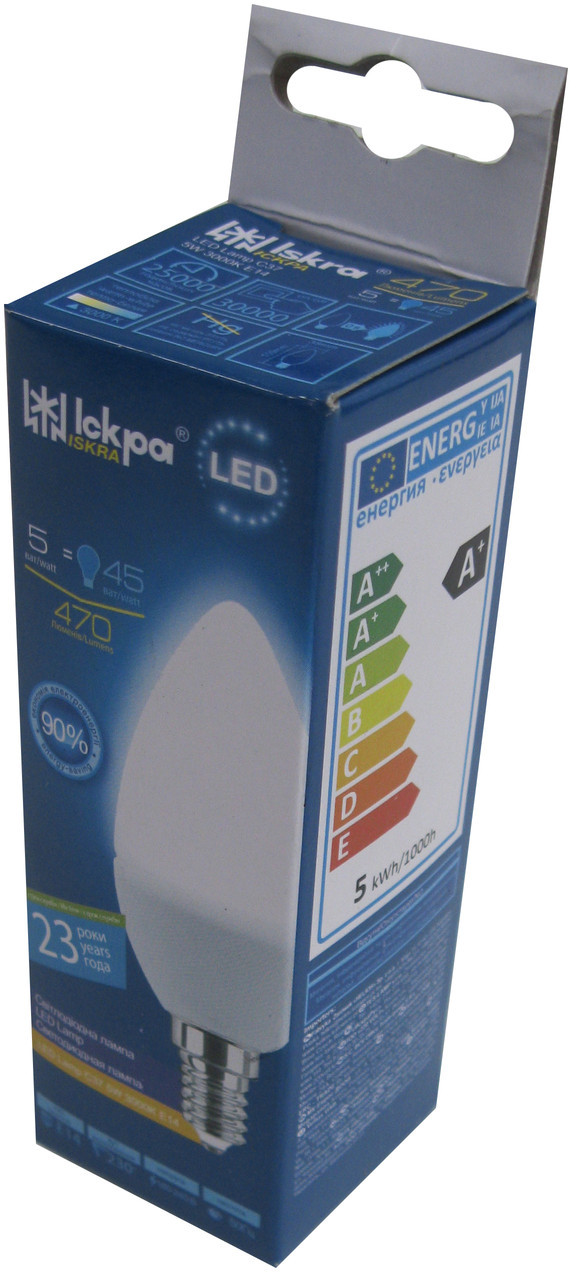 Лампа світлодіодна свічка Iskra 5W LED (аналог 45 Вт) цоколь E14 колба C37 3000K (жовте світло), фото 1