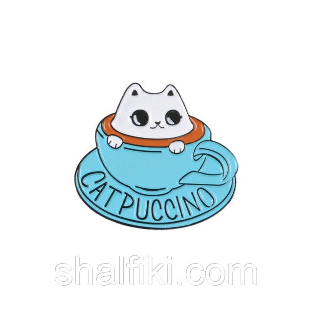 "Чашка з котиком Catpuccino" значок (пін) металевий, фото 1