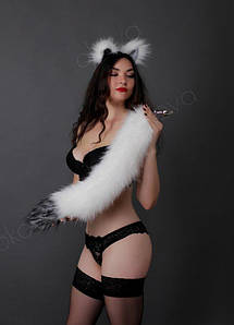 Набір анальний корок із хвостом і хутряні вушка, Біла кішка із сірим кінчиком, OKOVA 68 см.