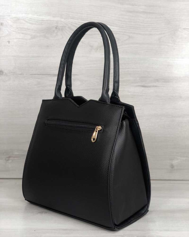 Классическая деловая женская сумка черная дамская оригинальная сумочка саквояж ручная с золотистой вставкой - фото 3 - id-p361057113