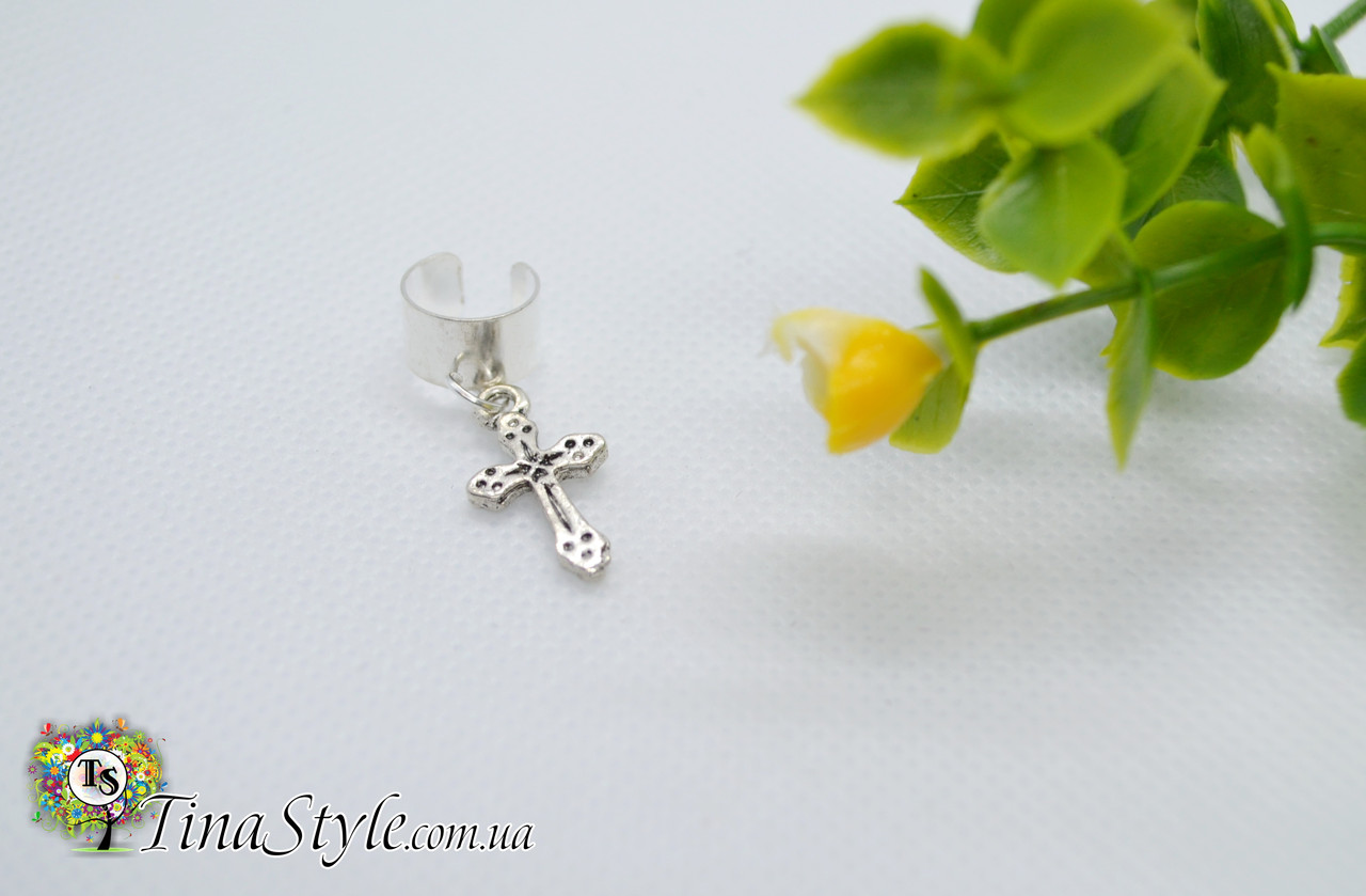 Сережки каф кліпс із підвіскою Хрестик-каф ХІТ! Новинка!, фото 1