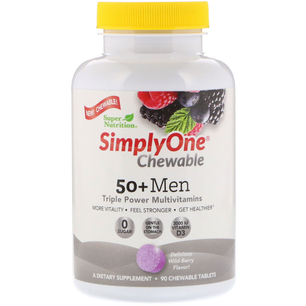 Super Nutrition, SimplyOne, 50+ Men Triple Power Полівітаміни, Wild-Berry Flavor, 90 Chewable Tablets