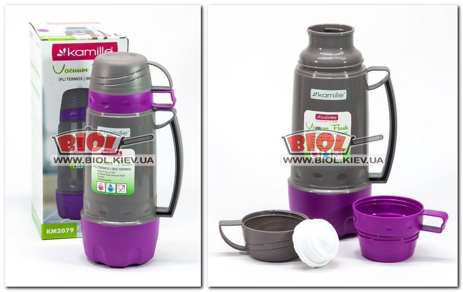 Термос 0,6 л пластиковий зі скляною колбою (колір - сіро-фіолетовий) + 3 чашки Kamille KM-2079-3