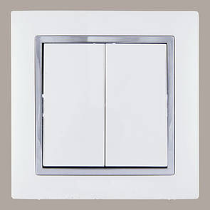 Вимикач подвійний (з рамкою) LXL Tesla білий/хром