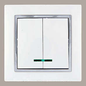 Вимикач подвійний з підсвіткою (з рамкою) LXL Tesla білий/хром