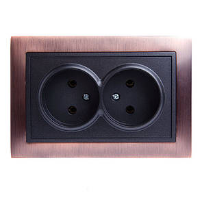 Розетка подвійна (з рамкою) LXL Tesla антична мідь/графітовий металік