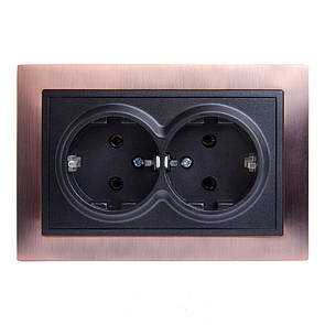 Розетка з заземленням подвійна (з рамкою) LXL Tesla антична мідь/графітовий металік
