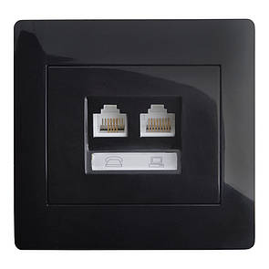 Розетка комп'ютерна кат.5E і телефонна RJ11 (з рамкою) LXL Oscar чорний глянець