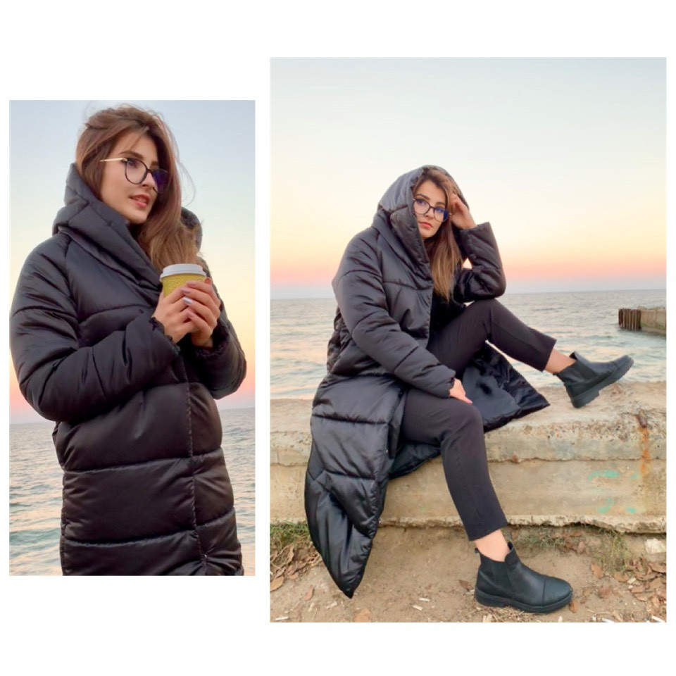Пальто пуховик ковдра зима OVERSIZE з капюшоном арт. 521 чорний