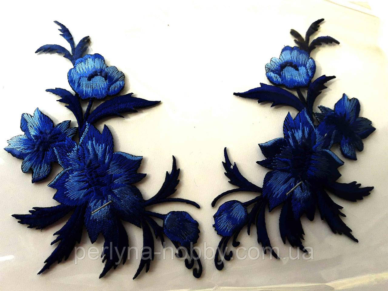 Аплікація вишивка клейова парна "Квіти" сині темні, 12-13 см 1пара. Аппликация клеевая, термоаппликации
