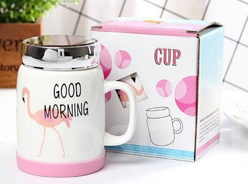 Кружка фламинго с крышкой - зеркалом купить в Украине Кружка фламинго с крышкой - зеркалом, 490мл