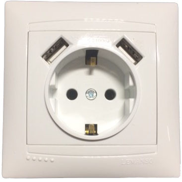 Розетка 1-я з заземленням + гнізда 2 USB LEMANSO Сакура біла LMR1039
