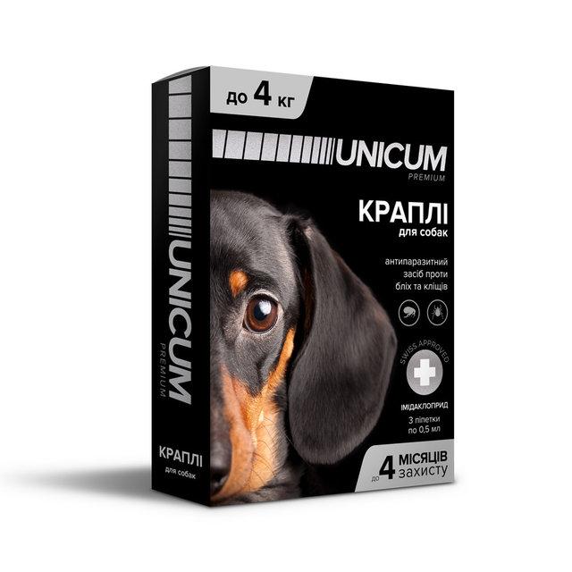 Краплі Unicum premium  (Унікум Преміум)  від бліх та кліщів для собак вагою до 4 кг (упаковка 3 піпетки)