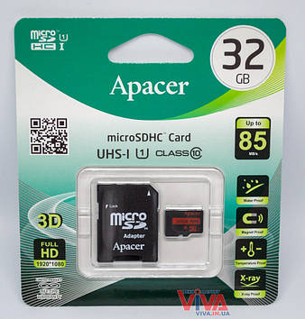 Карта пам'яті Apacer microSDHC 32GB UHS-I U1 Class 10 (R85 MB/s) + SD adapter