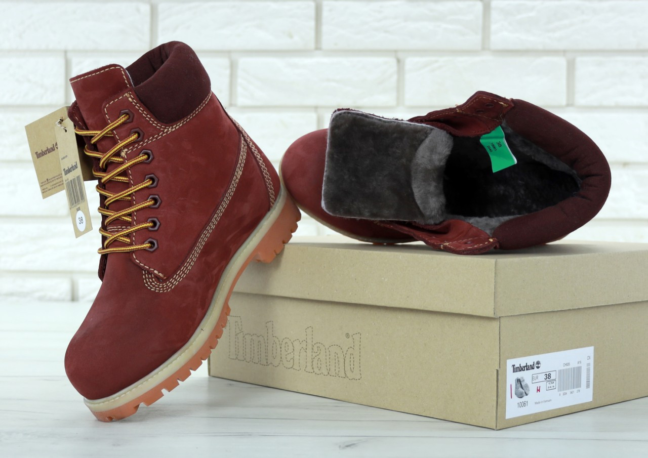 Жіночі черевики Timberland 6 Inch Premium (в стилі Тімберленд Преміум) бордовий, нубук, натуральне хутро