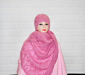 Рожевий комплект шапка з ажурним шарфом, в'язаний, жіночий, вовна, ручна робота