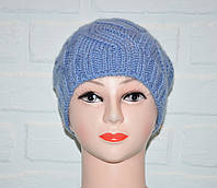 Голубая женская шапка, красивая вязка коса, шерсть, ручная работа
