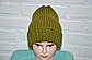 Зелена жіноча шапка, гарне в'язання коса, шерсть, ручна робота, фото 9