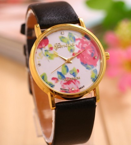 Годинники наручні жіночі Женева Квіти чорний ремінець, фото 1
