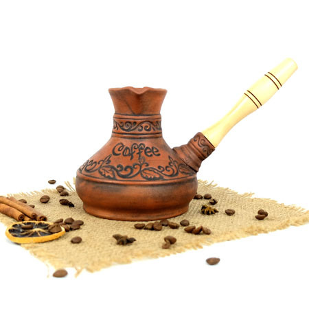 Турка Coffee червона кераміка 500 мл з дерев'яною ручкою + розсікач, фото 1
