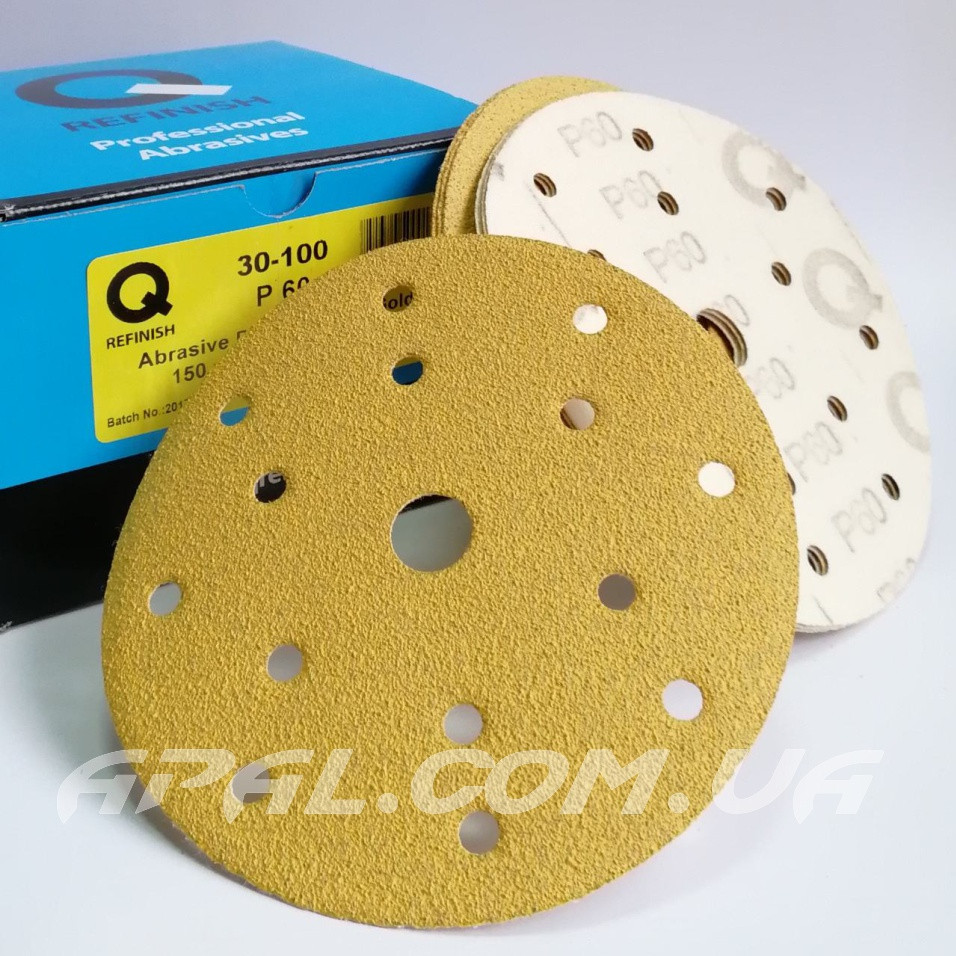Q-Refinish Абразивний круг Р60 Premium Gold Velcro, (150 мм, 15 отворів)