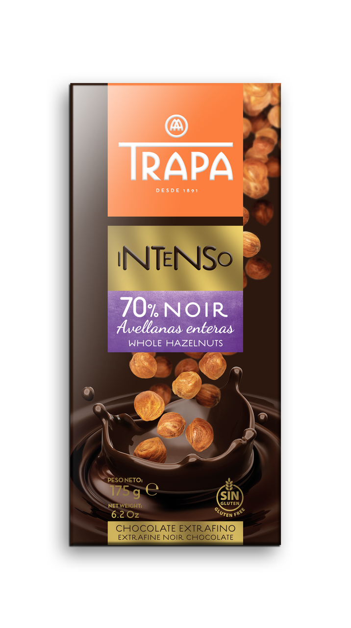 Чорний шоколад Trapa Intenso 70% з цілісним фундуком, 175г 17шт/ящ