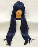 Перука синя темна довга пряма з довгим чубчиком жіноча для жінок 80см зі штучного волосся