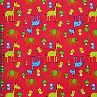 Мікровельвет яскраво-червоний з жовтими жирафами і каченятами ш.112