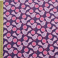 Микровельвет фиолетовый в розово-сиреневые птички, цветы, ш.145 (10750.001)