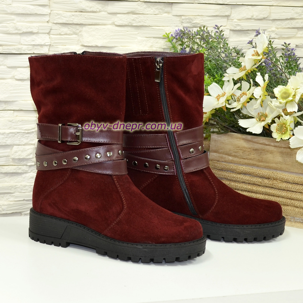 Черевики бордові жіночі замшеві на товстій підошві, фото 1