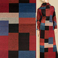 Пальтовая ткань с ворсом узор геометрический синий, красный, черный, оранжевый, ш.155 (13310.016)
