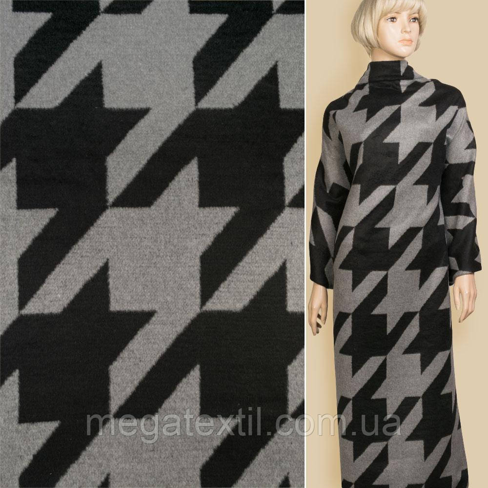 Пальтова тканина з ворсом гусяча лапка велика чорно-сіра, ш.150