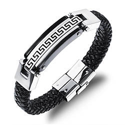 Шкіряний браслет "Античний" зі вставками з нержавіючої сталі, колір сріблясто-чорний