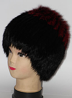 Женская модная шапка из меха кролика черная с бордовыми полосочками