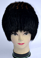 Меховая женская шапка из меха кролика черная с коричневыми полосками
