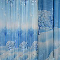 Вуаль тюль шифон фотопринт зима, церква, блакитна, ш.265